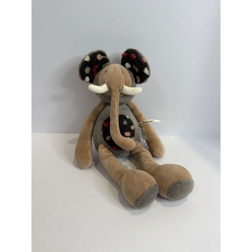 Moulin Roty Les Zazous Elephant Plush Stuffed Animal Grey Tan Patterned Ears Toy